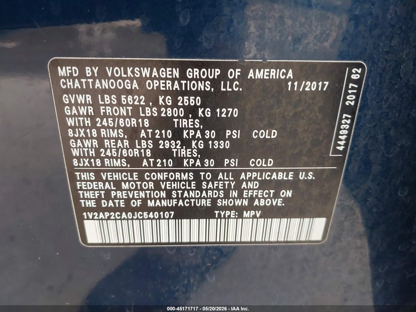 2018 Volkswagen Atlas VIN 1V2AP2CA0JC540107 IAAI salvage auction — FRONT END, Salvage (Texas), sold $2,100 on 2026-07-09 (photo 9)