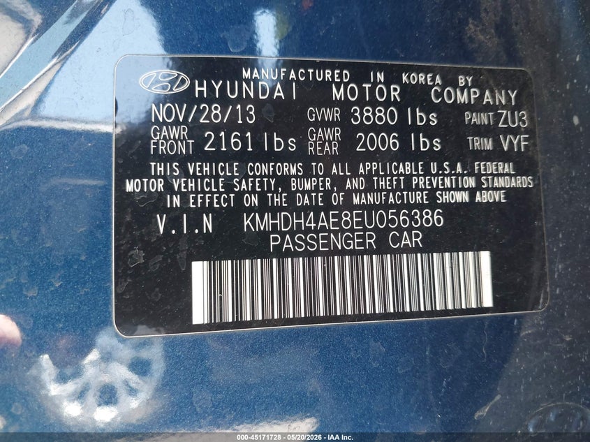 2014 Hyundai Elantra VIN KMHDH4AE8EU056386 IAAI salvage auction — FRONT END, Salvage (Arizona), sold $1,400 on 2026-07-07 (photo 9)