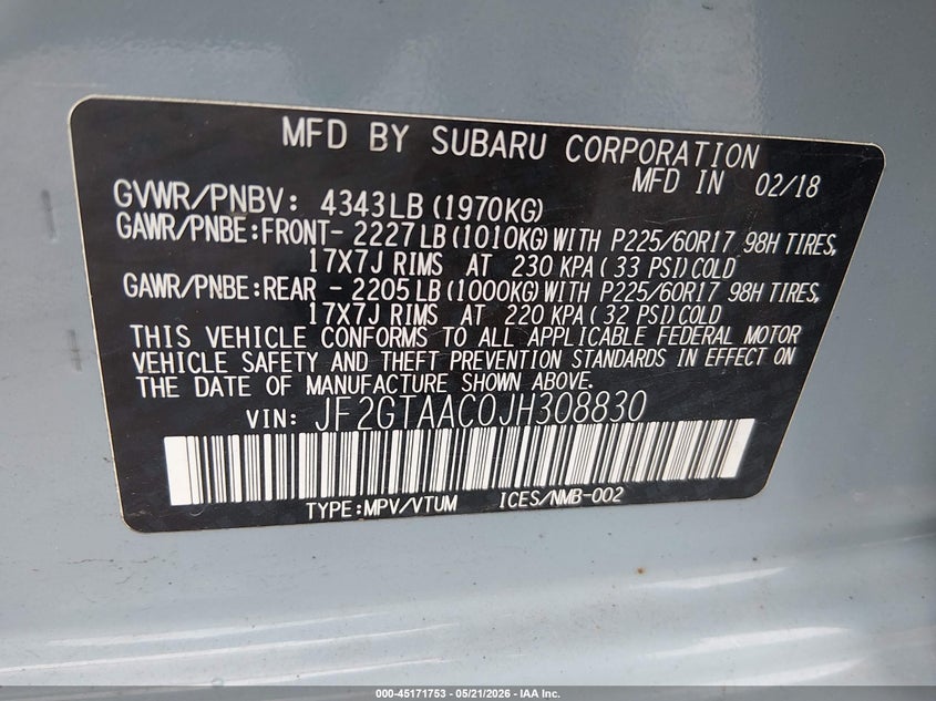 2018 Subaru VIN JF2GTAAC0JH308830 IAAI salvage auction — REAR END, Salvage (West Virginia), sold $3,650 on 2026-07-09 (photo 9)