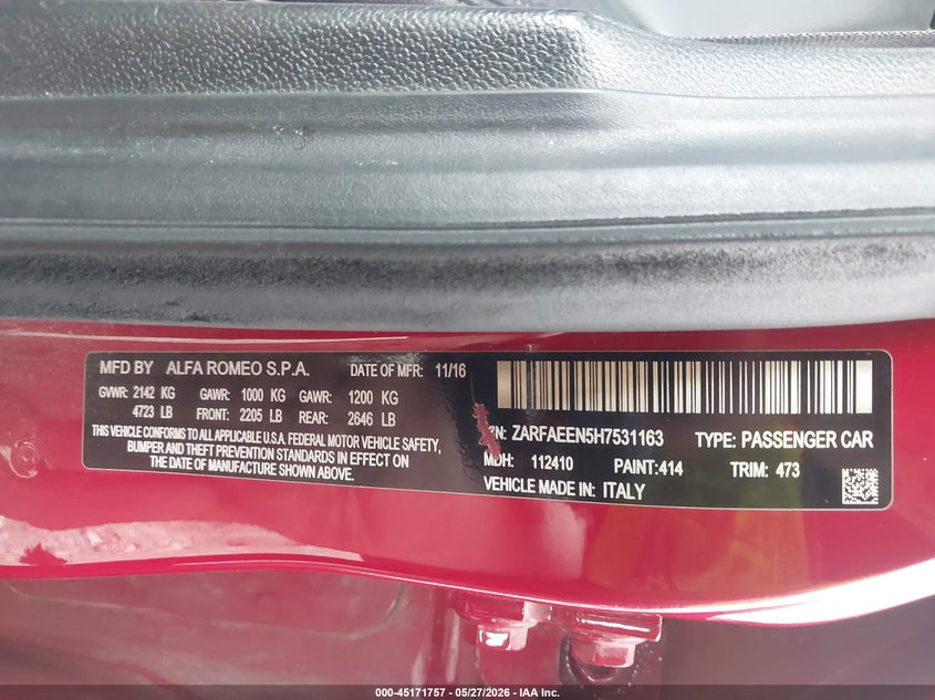 2017 Alfa romeo Giulia VIN ZARFAEEN5H7531163 IAAI salvage auction — FRONT END, Salvage (Ohio), sold $5,900 on 2026-07-09 (photo 9)