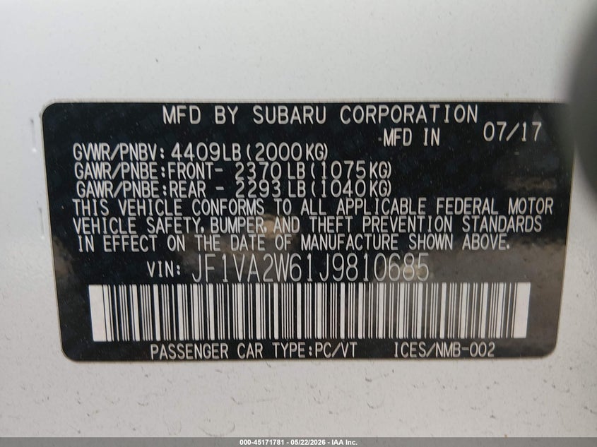 2018 Subaru Wrx sti VIN JF1VA2W61J9810685 IAAI salvage auction — RIGHT FRONT, Salvage (Massachusetts), sold $6,500 on 2026-07-21 (photo 9)