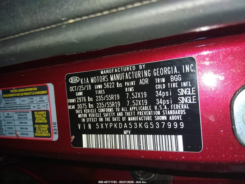 2019 Kia Sorento VIN 5XYPKDA53KG537999 IAAI salvage auction — FRONT END, Salvage (Idaho), sold $1,750 on 2026-07-24 (photo 9)