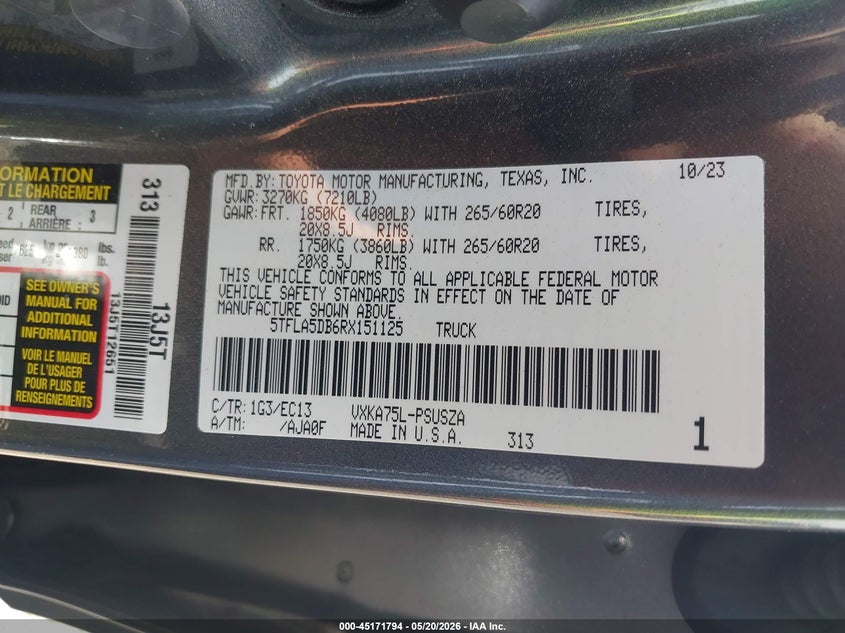 2024 Toyota Tundra VIN 5TFLA5DB6RX151125 IAAI salvage auction — ROOF, Clear (South Carolina), sold $23,850 on 2026-07-28 (photo 9)