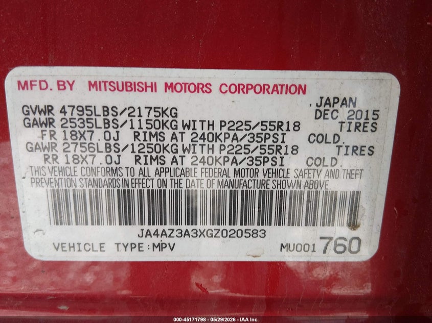2016 Mitsubishi Outlander VIN JA4AZ3A3XGZ020583 IAAI salvage auction — FRONT END, Salvage Title, sold $1,675 on 2026-07-29 (photo 9)
