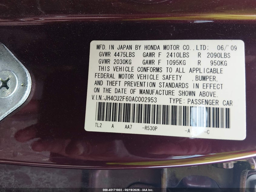 2010 Acura Tsx VIN JH4CU2F60AC002953 IAAI salvage auction — NORMAL WEAR, Original (Ohio), sold $350 on 2026-07-23 (photo 9)