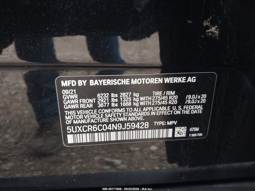 2022 BMW X5 VIN 5UXCR6C04N9J59428 IAAI salvage auction — REAR END, Salvage - Greater Than 75% (Maryland), sold $15,000 on 2026-07-23 (photo 9)