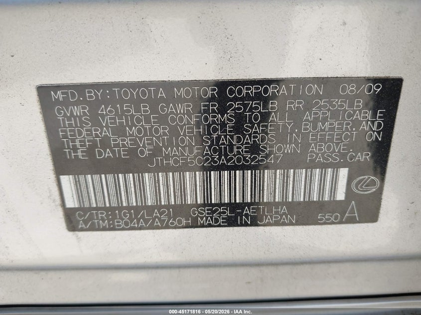 2010 Lexus Is 250 VIN JTHCF5C23A2032547 IAAI salvage auction — RIGHT FRONT, Salvage (Idaho), sold $1,025 on 2026-07-16 (photo 9)