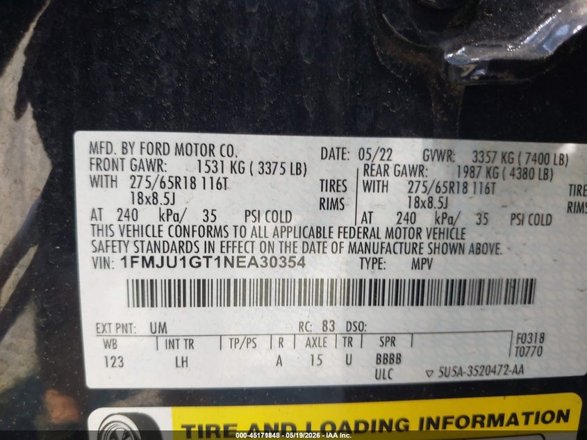 2022 Ford Expedition VIN 1FMJU1GT1NEA30354 IAAI salvage auction — NORMAL WEAR, Sf97 (Washington), sold $20,900 on 2026-07-21 (photo 9)