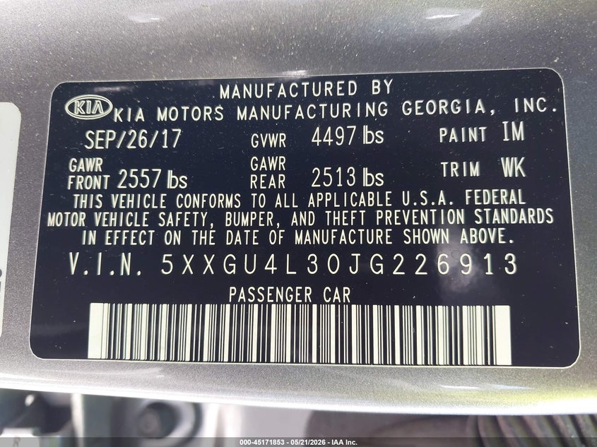 2018 Kia Optima VIN 5XXGU4L30JG226913 IAAI salvage auction — FRONT END, Salvage (California), sold $4,300 on 2026-07-08 (photo 9)