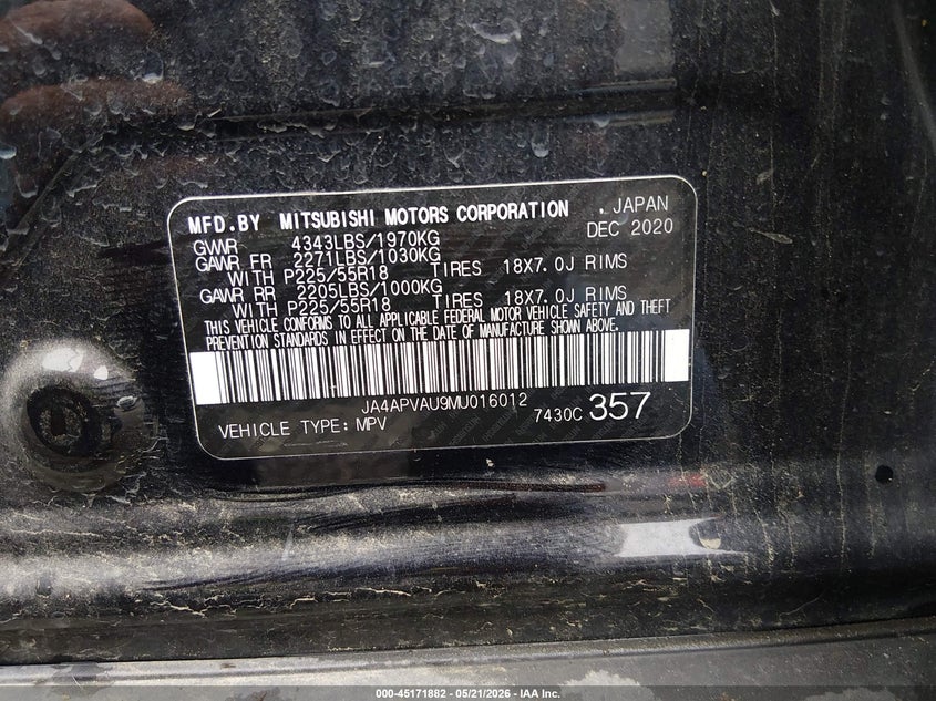 2021 Mitsubishi Outlander VIN JA4APVAU9MU016012 IAAI salvage auction — FRONT END, Salvage Title, sold $2,000 on 2026-08-01 (photo 9)