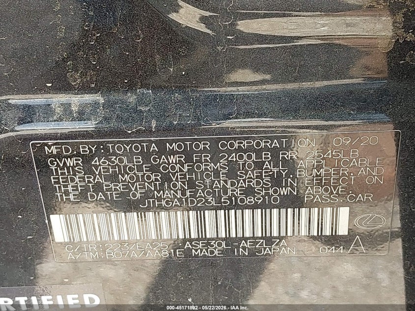 2020 Lexus Is VIN JTHGA1D23L5108910 IAAI salvage auction — FRONT & REAR, Original (Texas), sold $11,500 on 2026-07-28 (photo 9)