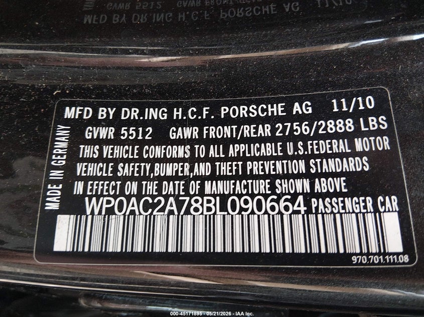 2011 Porsche Panamera VIN WP0AC2A78BL090664 IAAI salvage auction — NORMAL WEAR, Clear (Texas), sold $2,050 on 2026-07-29 (photo 9)
