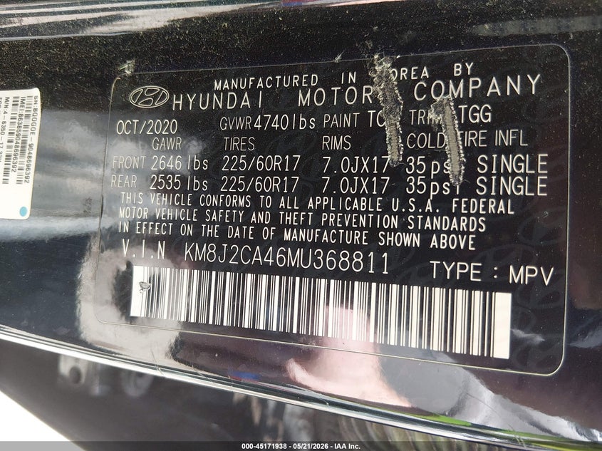 2021 Hyundai Tucson VIN KM8J2CA46MU368811 IAAI salvage auction — FRONT END, Salvage (Nevada), sold $4,200 on 2026-07-31 (photo 9)