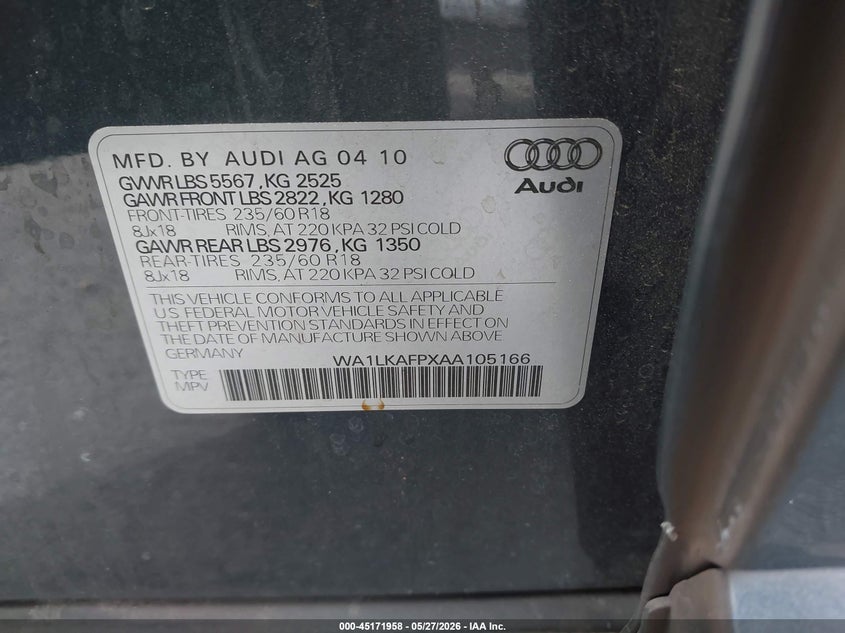 2010 Audi Q5 VIN WA1LKAFPXAA105166 IAAI salvage auction — FRONT END, Salvage Certificate (California), sold $375 on 2026-07-31 (photo 9)