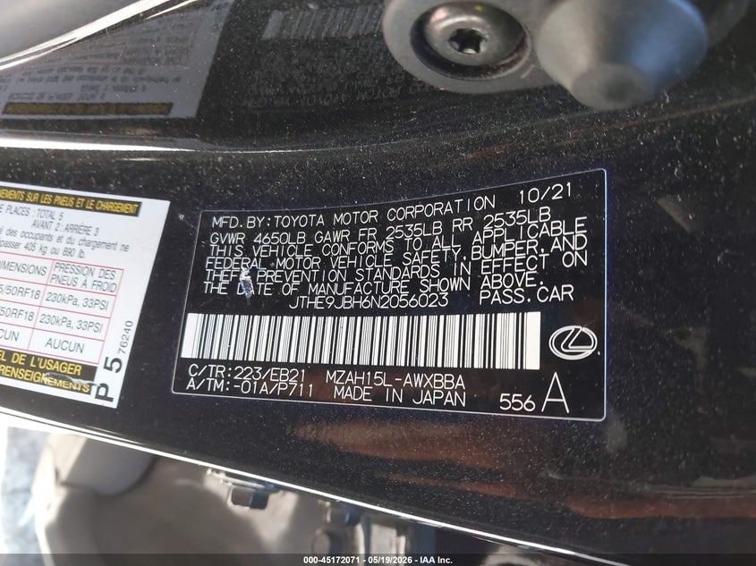 2022 Lexus Ux VIN JTHE9JBH6N2056023 IAAI salvage auction — LEFT FRONT, Salvage (California), sold $13,500 on 2026-07-16 (photo 9)