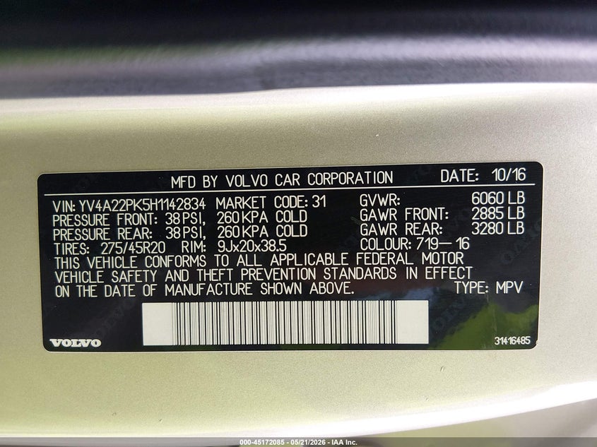 2017 Volvo Xc90 VIN YV4A22PK5H1142834 IAAI salvage auction — FRONT END, Original (Texas), sold $6,700 on 2026-07-14 (photo 9)