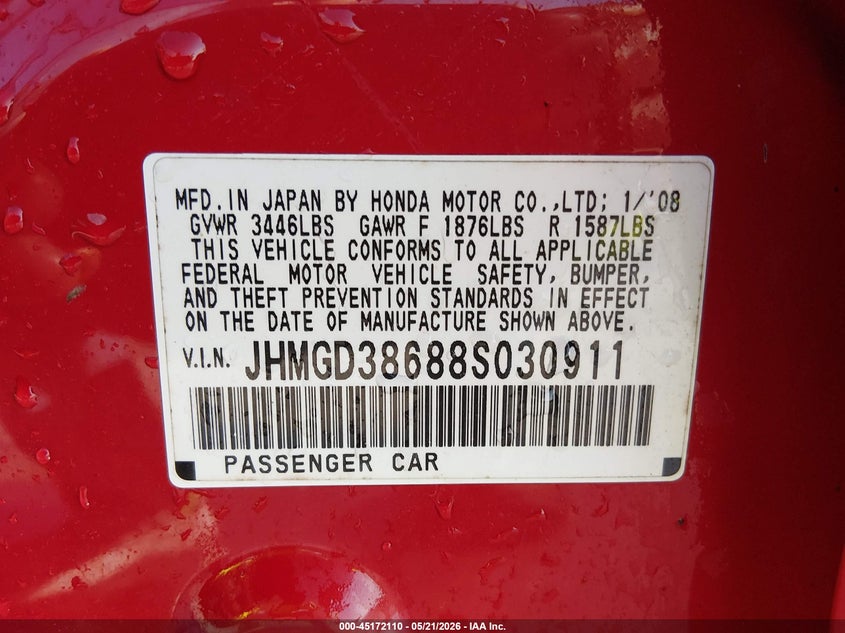 2008 Honda Fit VIN JHMGD38688S030911 IAAI salvage auction — FRONT & REAR, Salvage (Missouri), sold $325 on 2026-07-14 (photo 9)