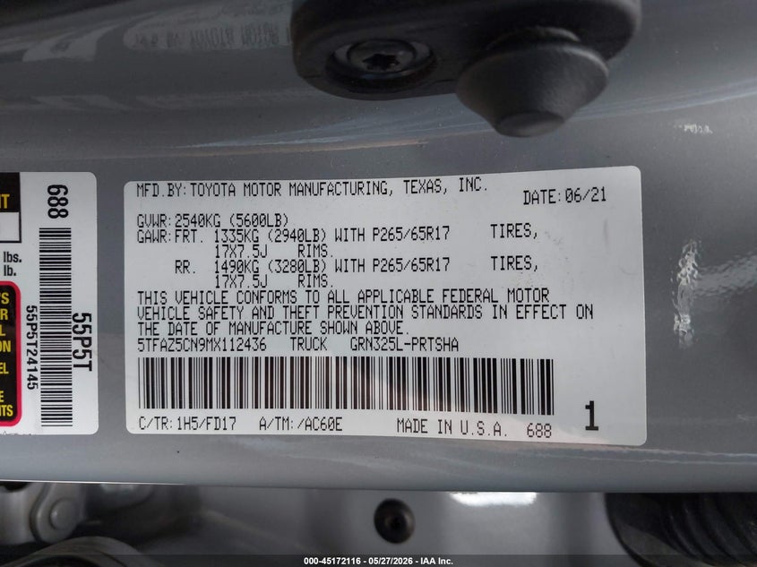 2021 Toyota Tacoma VIN 5TFAZ5CN9MX112436 IAAI salvage auction — FRONT END, Salvage Title, sold $12,200 on 2026-07-10 (photo 9)