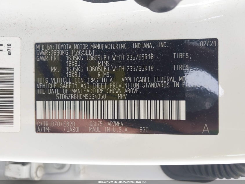 2021 Toyota Highlander VIN 5TDGZRBH0MS534050 IAAI salvage auction — FRONT END, Salvage Title, sold $9,100 on 2026-07-21 (photo 9)