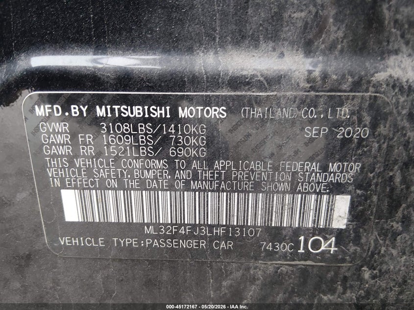 2020 Mitsubishi Mirage VIN ML32F4FJ3LHF13107 IAAI salvage auction — HAIL, Clear (Missouri), sold $1,900 on 2026-07-20 (photo 9)