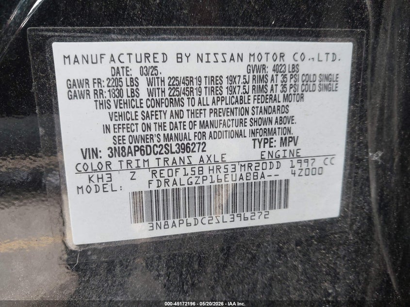 2025 Nissan Kicks VIN 3N8AP6DC2SL396272 IAAI salvage auction — LEFT SIDE, Original (Texas), sold $8,075 on 2026-07-24 (photo 9)