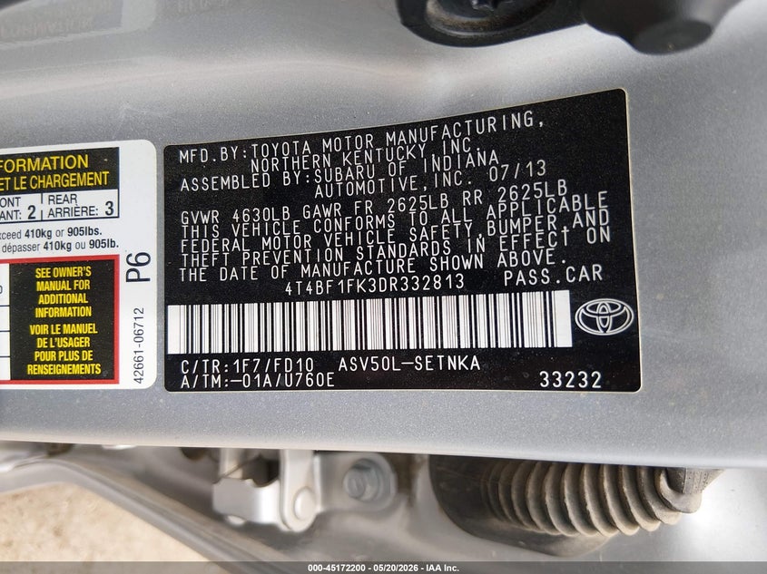 2013 Toyota Camry VIN 4T4BF1FK3DR332813 IAAI salvage auction — RIGHT SIDE, Salvage (Arizona), sold $1,225 on 2026-07-09 (photo 9)