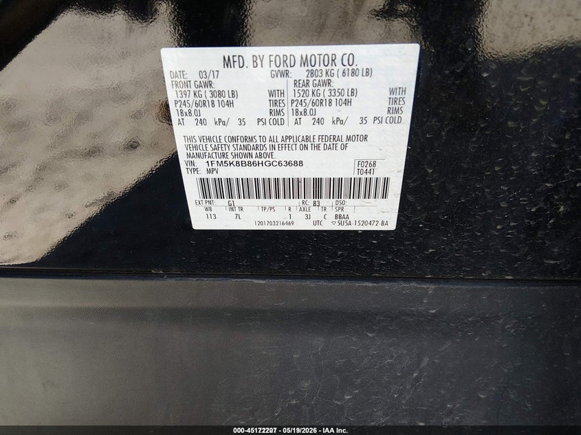 2017 Ford Explorer VIN 1FM5K8B86HGC63688 IAAI salvage auction — NORMAL WEAR, Sf97 (Washington), sold $12,825 on 2026-07-09 (photo 9)