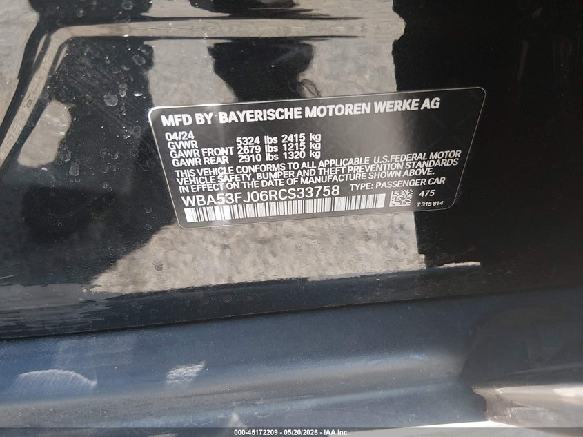 2024 BMW 5er VIN WBA53FJ06RCS33758 IAAI salvage auction — FRONT END, Salvage (Connecticut), sold $23,650 on 2026-08-06 (photo 9)