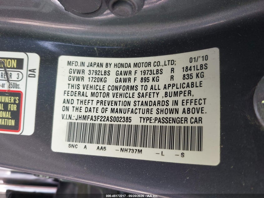 2010 Honda Civic hybrid VIN JHMFA3F22AS002385 IAAI salvage auction — FRONT END, Bill Of Sale (Washington), sold $325 on 2026-07-07 (photo 9)