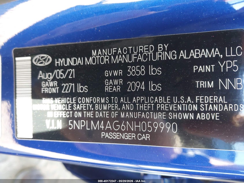 2022 Hyundai Elantra VIN 5NPLM4AG6NH059990 IAAI salvage auction — REAR END, Salvage (Georgia), sold $4,050 on 2026-07-09 (photo 9)