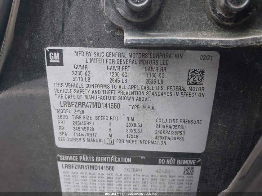 2021 Buick Envision VIN LRBFZRR47MD141560 IAAI salvage auction — RIGHT REAR, Salvage (North Carolina), sold $4,375 on 2026-07-15 (photo 9)