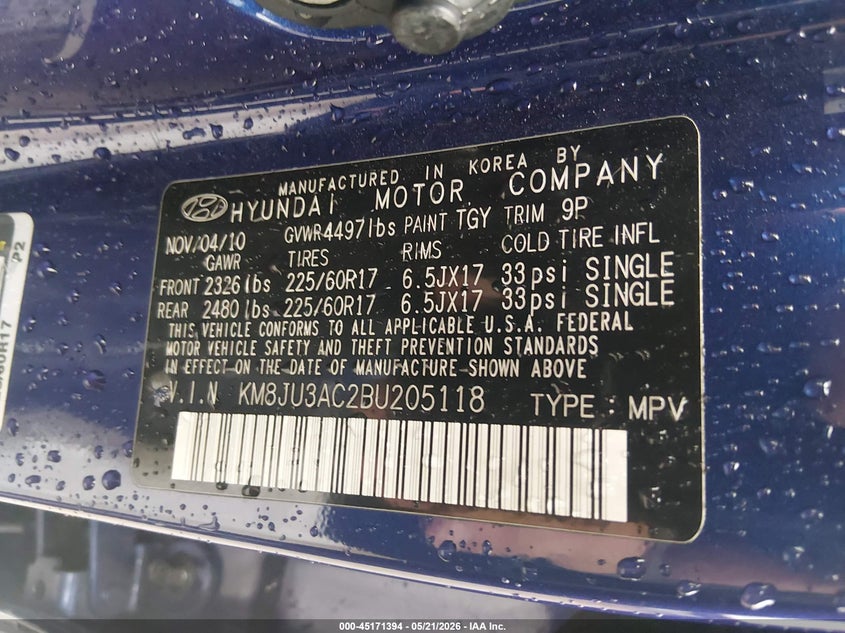 2011 Hyundai Tucson VIN KM8JU3AC2BU205118 IAAI salvage auction — FRONT END, Scrap (Alabama), sold $425 on 2026-07-22 (photo 9)