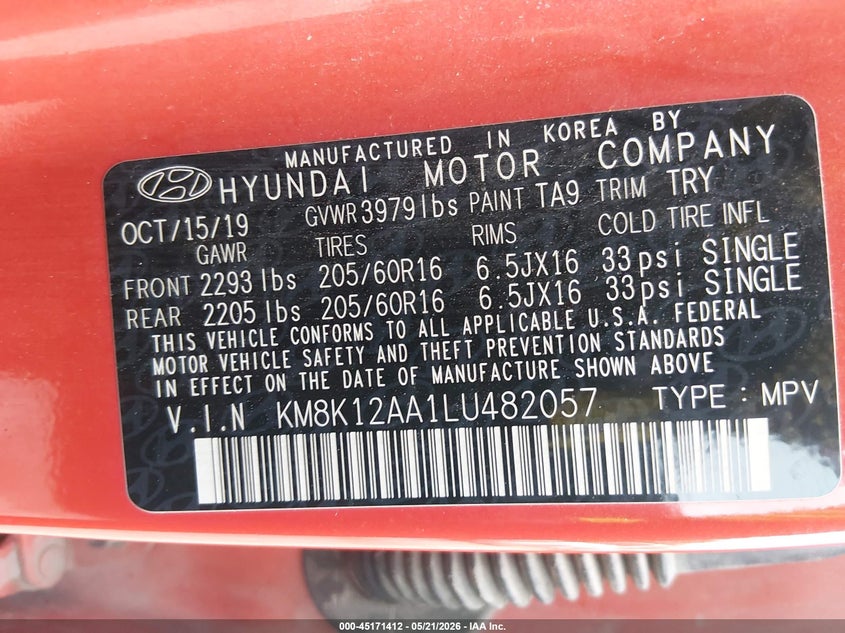 2020 Hyundai Kona VIN KM8K12AA1LU482057 IAAI salvage auction — LEFT SIDE, Salvage (Missouri), sold $1,950 on 2026-07-15 (photo 9)