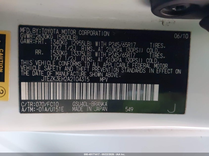 2010 Toyota Highlander VIN JTEZK3EH2A2104315 IAAI salvage auction — REAR END, Salvage (California), sold $1,050 on 2026-07-07 (photo 9)