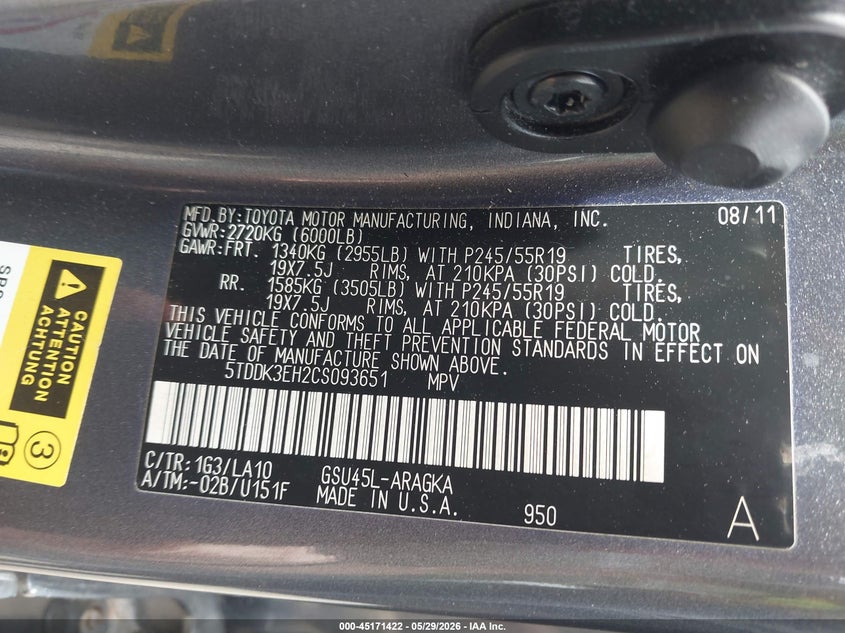 2012 Toyota Highlander VIN 5TDDK3EH2CS093651 IAAI salvage auction — FRONT END, Salvage Title, sold $2,100 on 2026-07-29 (photo 9)