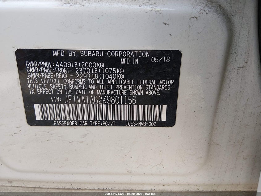 2019 Subaru Wrx VIN JF1VA1A62K9801156 IAAI salvage auction — FRONT END, Clear (Colorado), sold $1,300 on 2026-07-07 (photo 9)