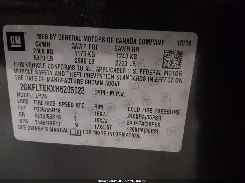 2017 Gmc Terrain VIN 2GKFLTEKXH6205023 IAAI salvage auction — NORMAL WEAR, SF97 (Oklahoma), sold $4,050 on 2026-07-09 (photo 9)