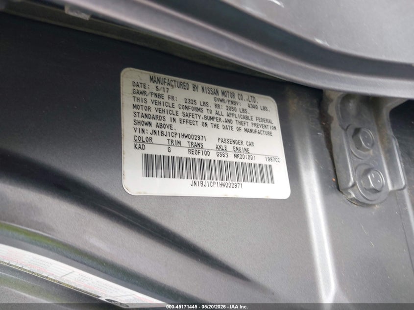 2017 Nissan Rogue VIN JN1BJ1CP1HW002971 IAAI salvage auction — REAR END, Original (Texas), sold $2,875 on 2026-07-15 (photo 9)