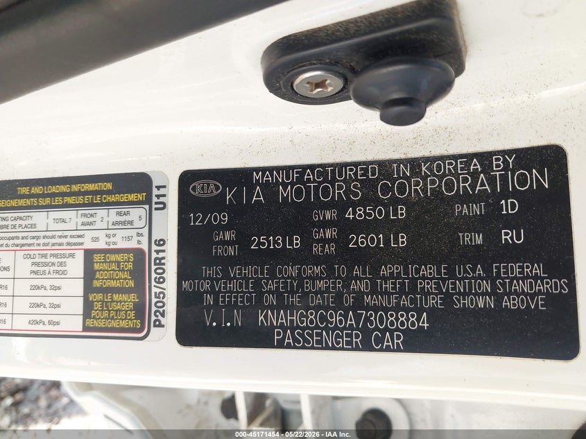 2010 Kia Rondo VIN KNAHG8C96A7308884 IAAI salvage auction — FRONT END, Original (Texas), sold $1,150 on 2026-08-02 (photo 9)