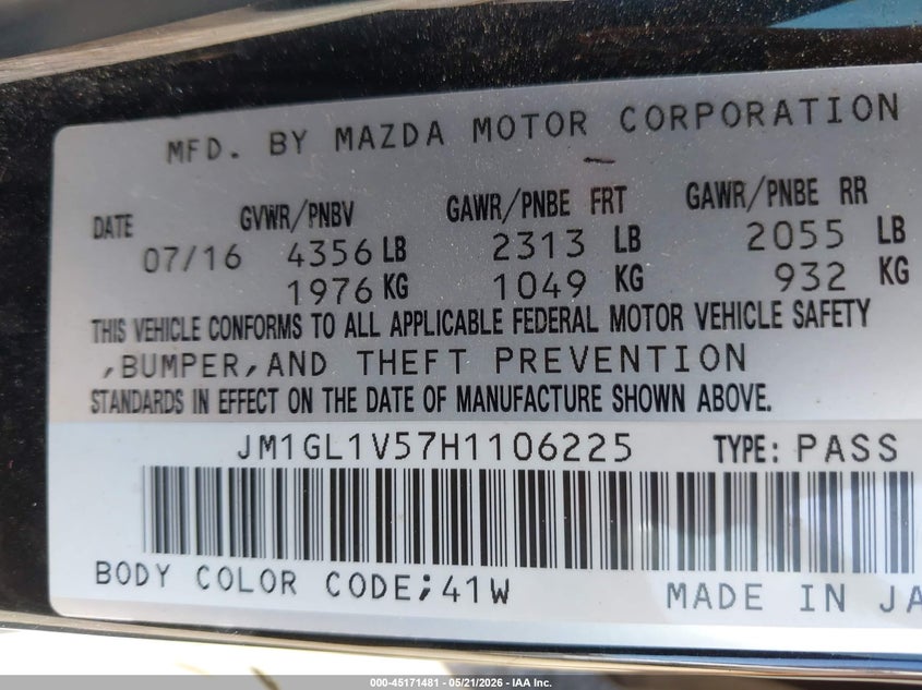 2017 Mazda 6 VIN JM1GL1V57H1106225 IAAI salvage auction — FRONT END, Salvage (South Carolina), sold $1,700 on 2026-07-07 (photo 9)