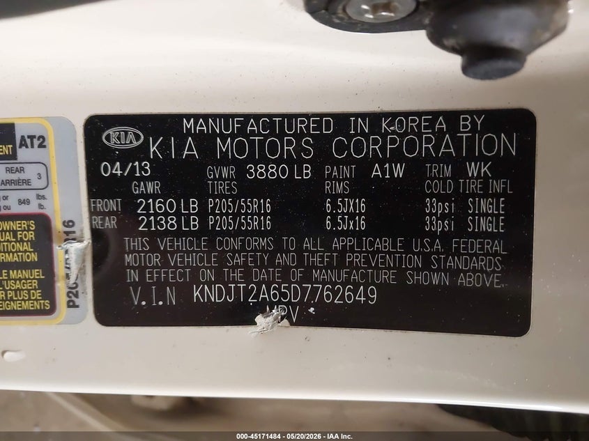 2013 Kia Soul VIN KNDJT2A65D7762649 IAAI salvage auction — RIGHT SIDE, Salvage (Maine), sold $475 on 2026-07-20 (photo 9)
