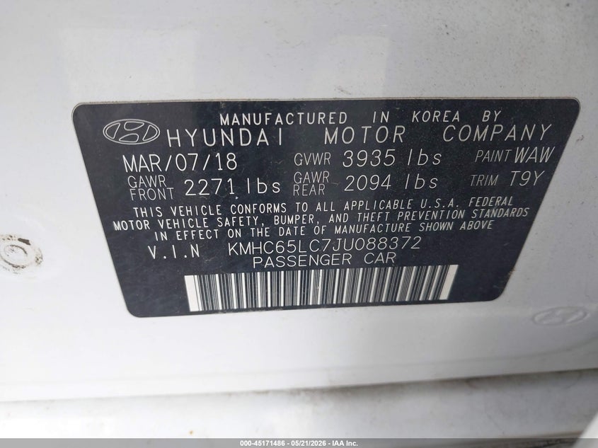 2018 Hyundai Ioniq VIN KMHC65LC7JU088372 IAAI salvage auction — FRONT END, Regular (South Dakota), sold $25 on 2026-07-28 (photo 9)