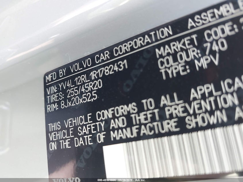 2024 Volvo Xc60 VIN YV4L12RL1R1782431 IAAI salvage auction — FRONT & REAR, Clear (Michigan), sold $15,100 on 2026-08-23 (photo 9)