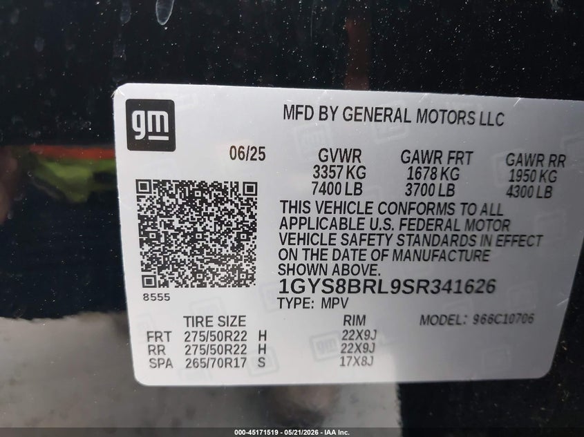 2025 Cadillac Escalade VIN 1GYS8BRL9SR341626 IAAI salvage auction — FRONT END, Original (Texas), sold $43,700 on 2026-08-19 (photo 9)