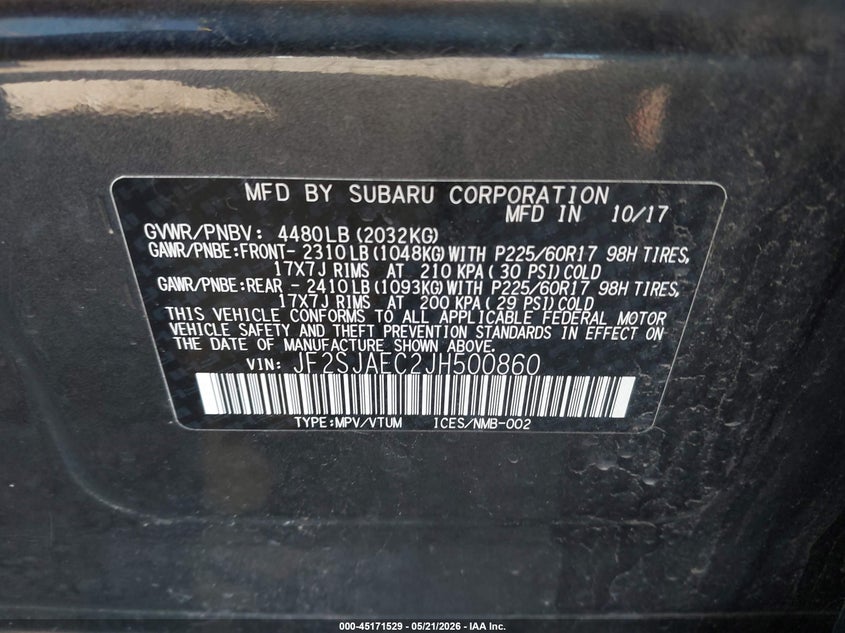2018 Subaru Forester VIN JF2SJAEC2JH500860 IAAI salvage auction — FRONT END, Salvage Title, sold $25 on 2026-07-21 (photo 9)