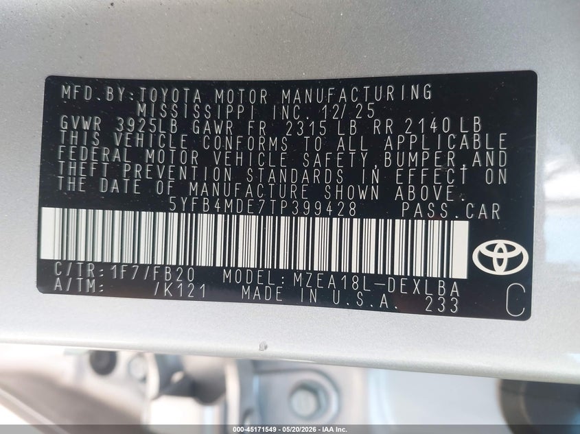 2026 Toyota Corolla VIN 5YFB4MDE7TP399428 IAAI salvage auction — FRONT END, Salvage (New Jersey), sold $4,250 on 2026-07-22 (photo 9)