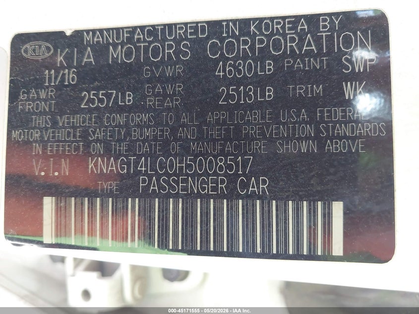 2017 Kia Optima VIN KNAGT4LC0H5008517 IAAI salvage auction — FRONT END, Salvage (Texas), sold $300 on 2026-07-20 (photo 9)