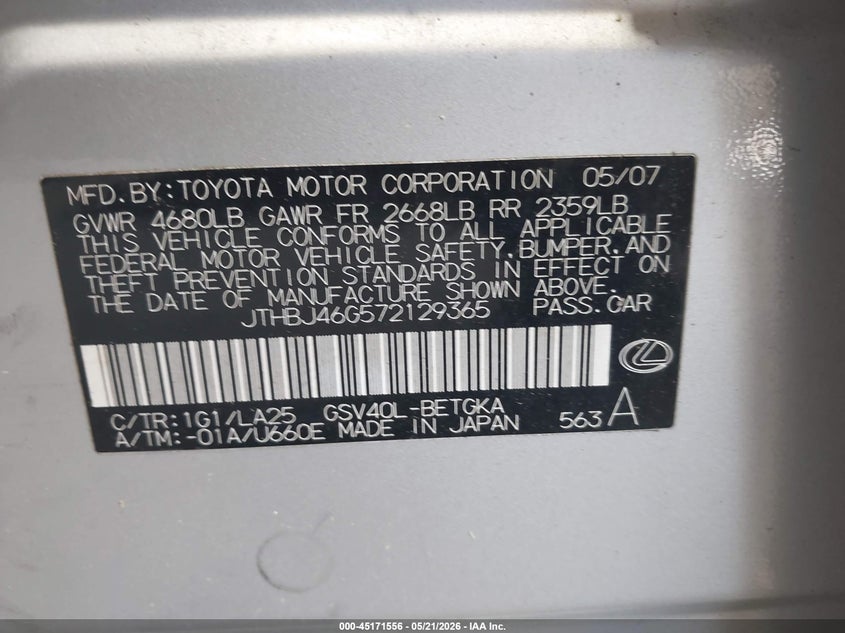 2007 Lexus Es 350 VIN JTHBJ46G572129365 IAAI salvage auction — NORMAL WEAR, Clear (Montana), sold $725 on 2026-07-30 (photo 9)