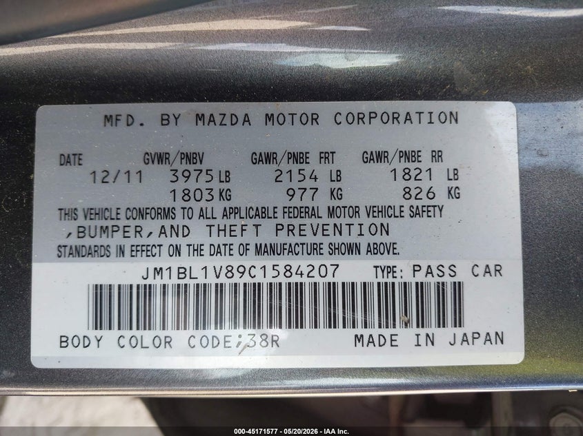 2012 Mazda 3 VIN JM1BL1V89C1584207 IAAI salvage auction — FRONT END, Salvage (Georgia), sold $250 on 2026-07-31 (photo 9)