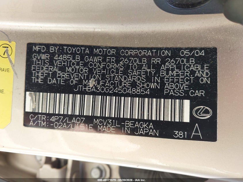 2004 Lexus ES VIN JTHBA30G245048854 IAAI salvage auction — LEFT FRONT, Salvage (North Carolina), sold $400 on 2026-07-23 (photo 9)